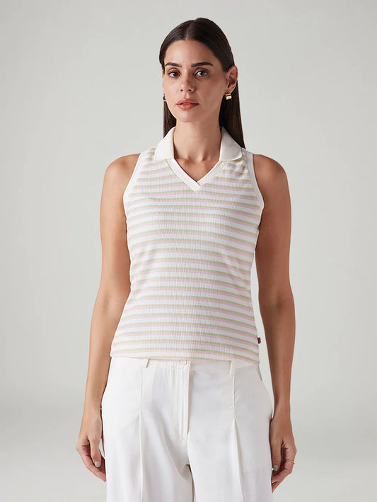 LEVIS Women's Striped Off White Polo Collar Top