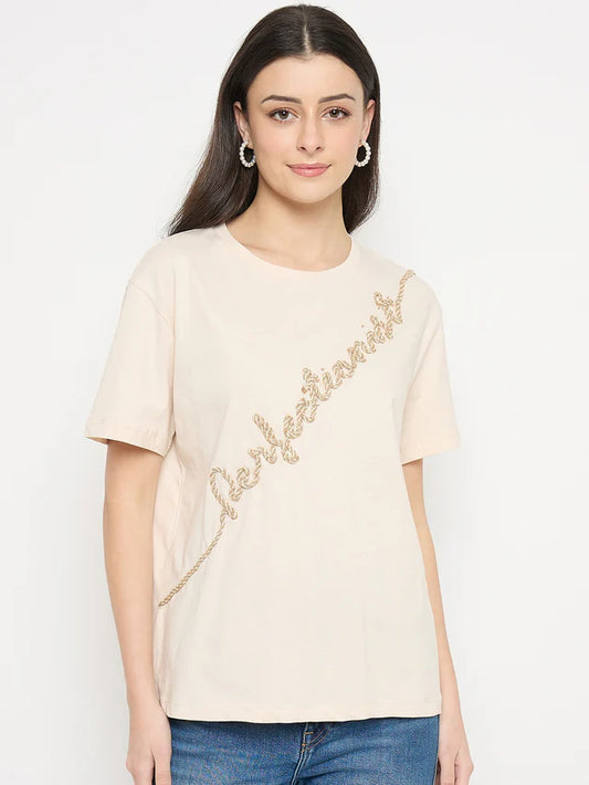 MADAME Beige Cotton Printed T-Shirt