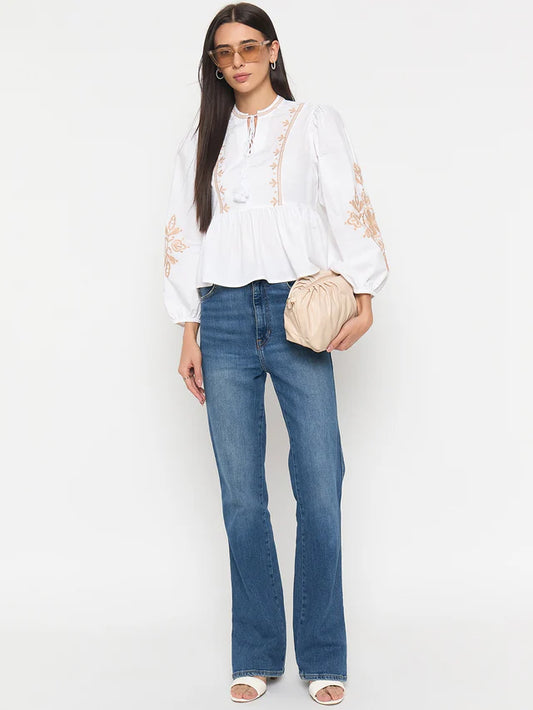 MADAME White Cotton Embroidered Top