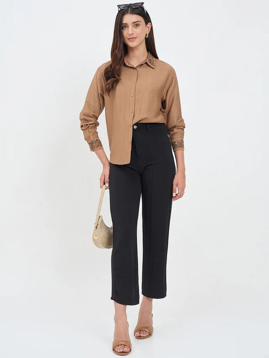 MADAME Solid Brown Rayon Blend Shirt