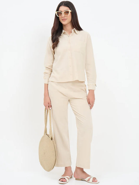 MADAME Collar Embellished Beige Cotton Shirt