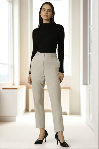 VAN HEUSEN Women Beige Check Formal Contemporary Fit Trouser Pants