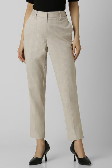 VAN HEUSEN Women Beige Check Formal Contemporary Fit Trouser Pants