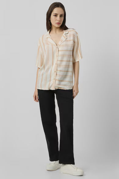 VAN HEUSEN Women Beige Stripe Casual Shirt Top