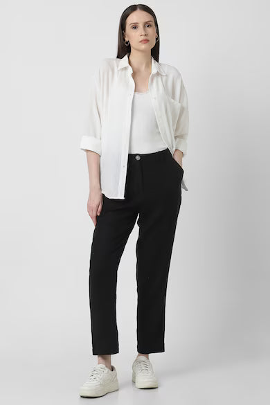 VAN HEUSEN Women Black Textured Linen Blend Casual Trouser Pants
