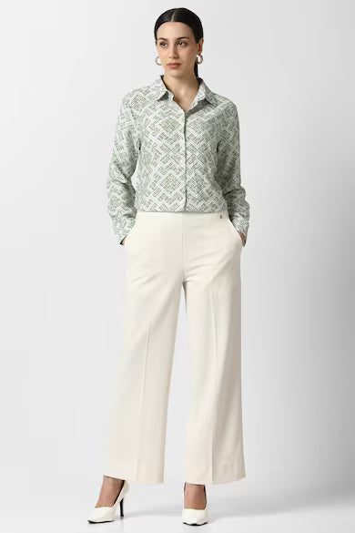 VAN HEUSEN Women Green Print Long Sleeves Formal Shirt Top