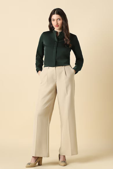 ALLEN SOLLY Women Green Solid Long Sleeves Shirt