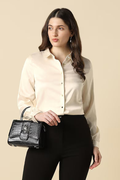 ALLEN SOLLY Women Beige Solid Long Sleeves Shirt
