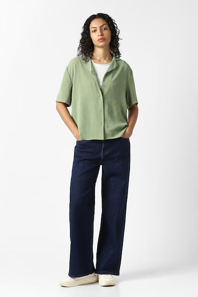 VAN HEUSEN Women Green Solid Short Sleeves Formal Shirt Top