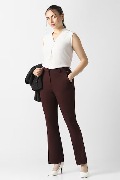 VAN HEUSEN Women Maroon Solid Formal Trousers