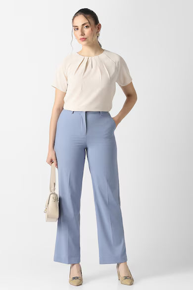 VAN HEUSEN Women Light Blue Solid Formal Trouser Pants