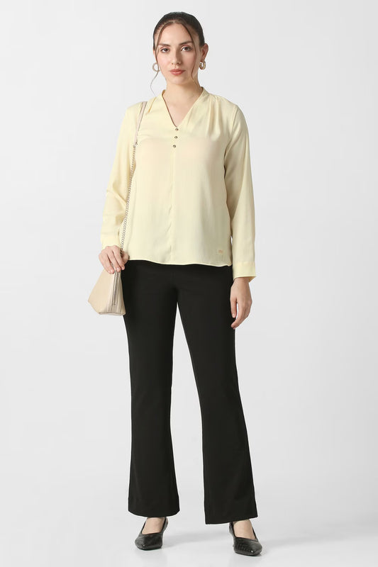 VAN HEUSEN Women Yellow Textured Formal V Neck Top