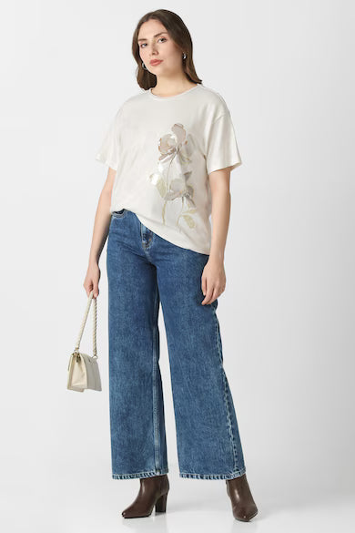 VAN HEUSEN Women White Print Casual Round Neck Top
