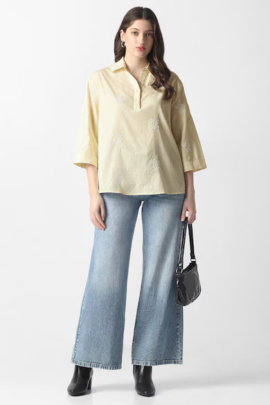 VAN HEUSEN Women Yellow Stripe Casual Stylized Neck Top