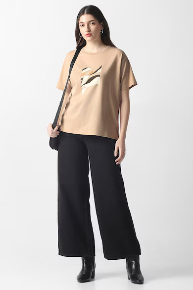 VAN HEUSEN Women Beige Print Casual Round Neck Top
