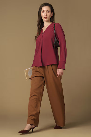 VAN HEUSEN Women Maroon Solid V-Neck Casual Top