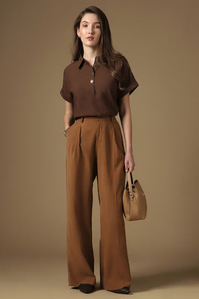 VAN HEUSEN Women Brown Solid Stylized Neck Casual Top