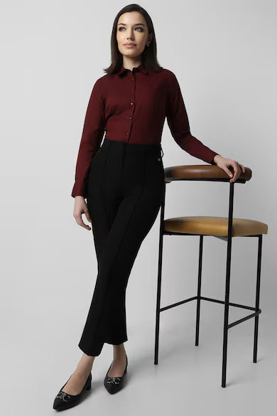VAN HEUSEN Women Maroon Solid Long Sleeves Formal Shirt Top
