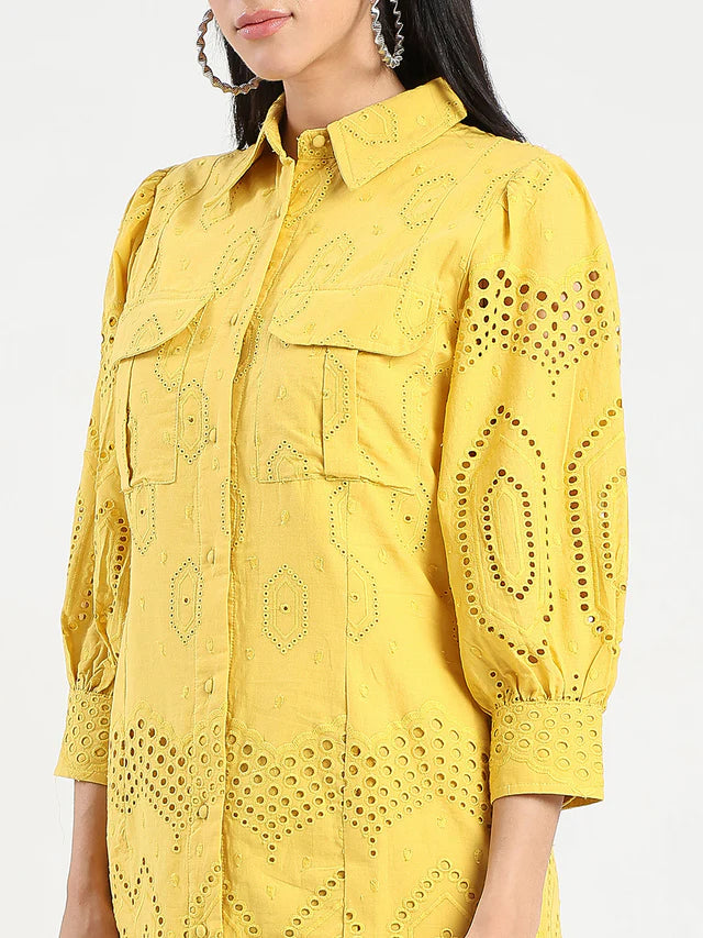 MADAME Schiffli Mustard Yellow Midi Shirt Dress