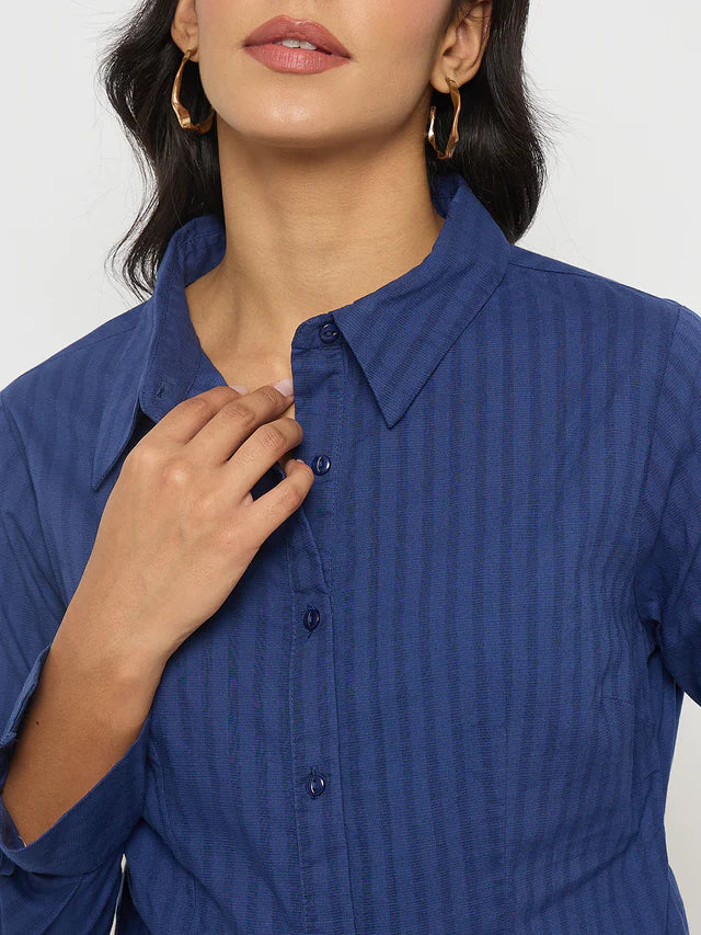 MADAME Striped Solid Navy Cotton Shirt