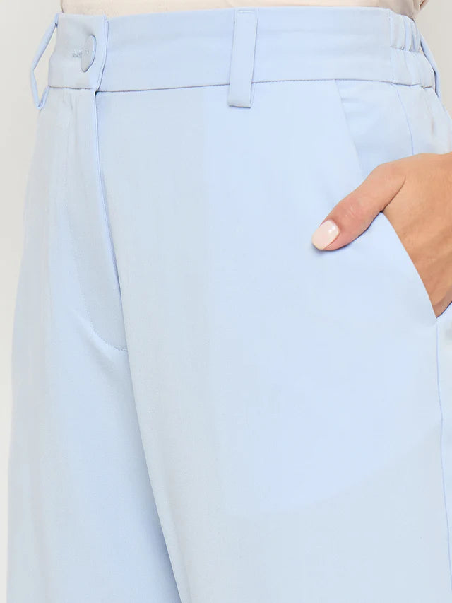 MADAME Solid Sky Blue Straight Fit Trousers