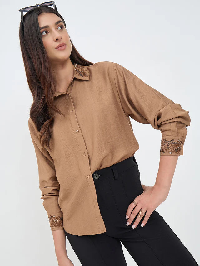 MADAME Solid Brown Rayon Blend Shirt