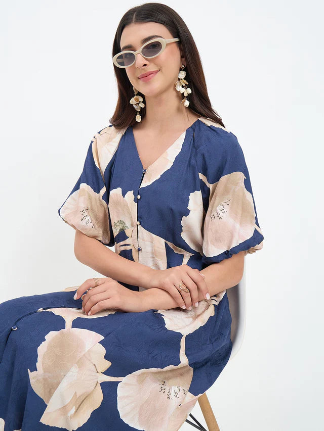 MADAME Navy Blue Floral Printed Dress