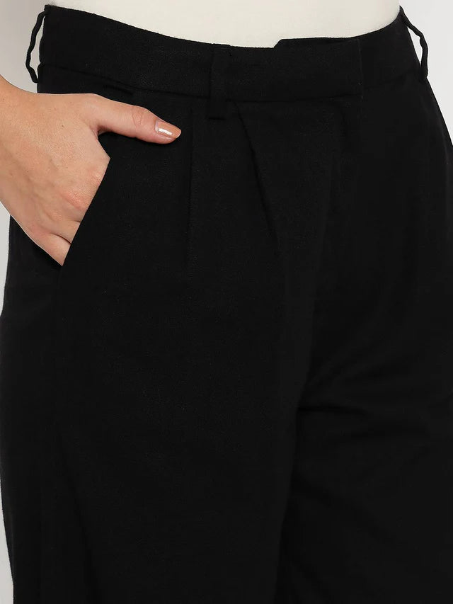 MADAME Cotton Blend Black Wide Leg Trousers