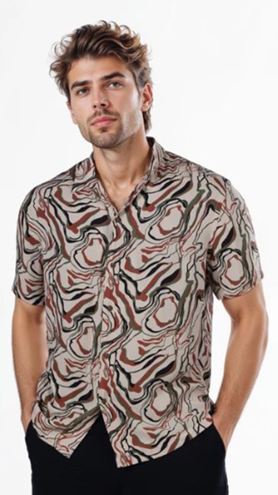 Celio Printed Regular Fit Viscose Brown Shirts