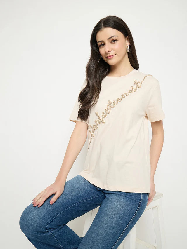 MADAME Beige Cotton Printed T-Shirt
