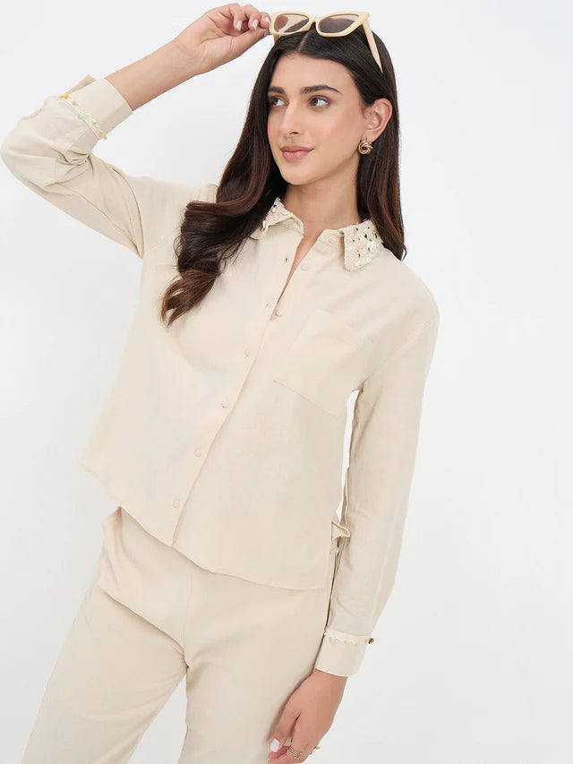 MADAME Collar Embellished Beige Cotton Shirt