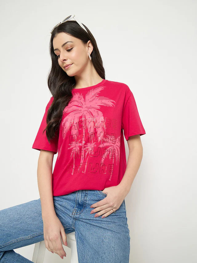 MADAME Hot Pink Cotton Printed T-Shirt