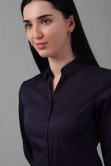 ALLEN SOLLY Women Navy Solid 3/4th Sleeves Shirt