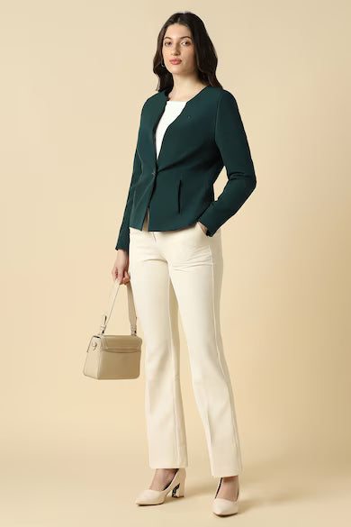 ALLEN SOLLY Women Green Solid Casual Blazer