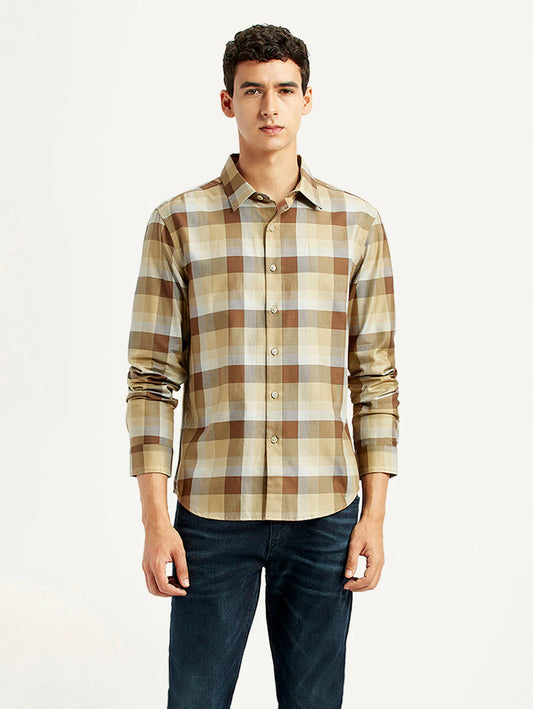 LEVIS Men's Checkered Light Brown Slim Fit Shirt
