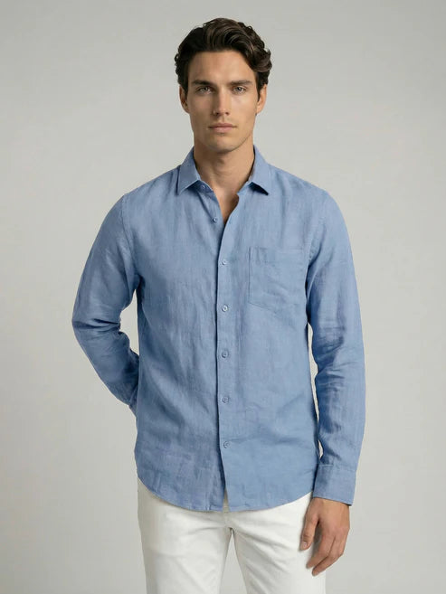 CELIO Men Regular Fit Solid 100% Linen Blue Shirt