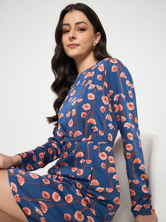 Madame Blue Printed Rayon Flared Dress