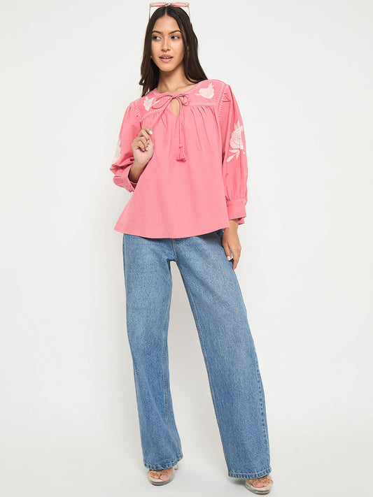 Madame Tie Neck Floral Embroidery Coral Top