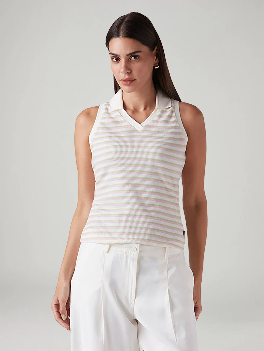 LEVIS Women's Striped Off White Polo Collar Top