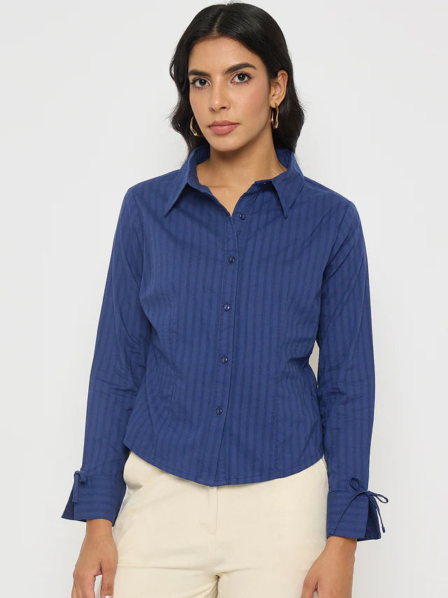 MADAME Striped Solid Navy Cotton Shirt