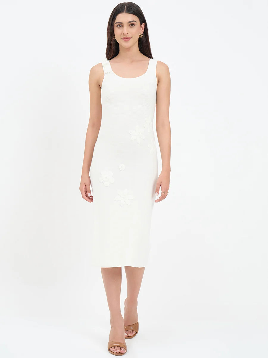 MADAME White Floral Knit Cotton Midi Dress