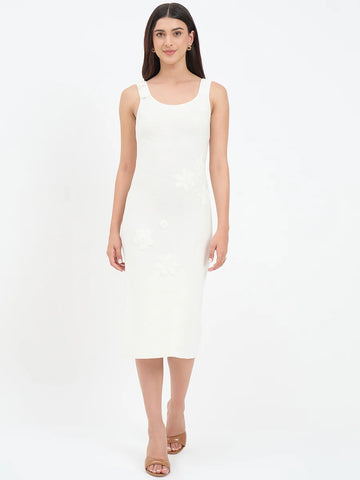 MADAME White Floral Knit Cotton Midi Dress