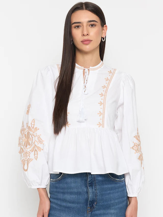 MADAME White Cotton Embroidered Top
