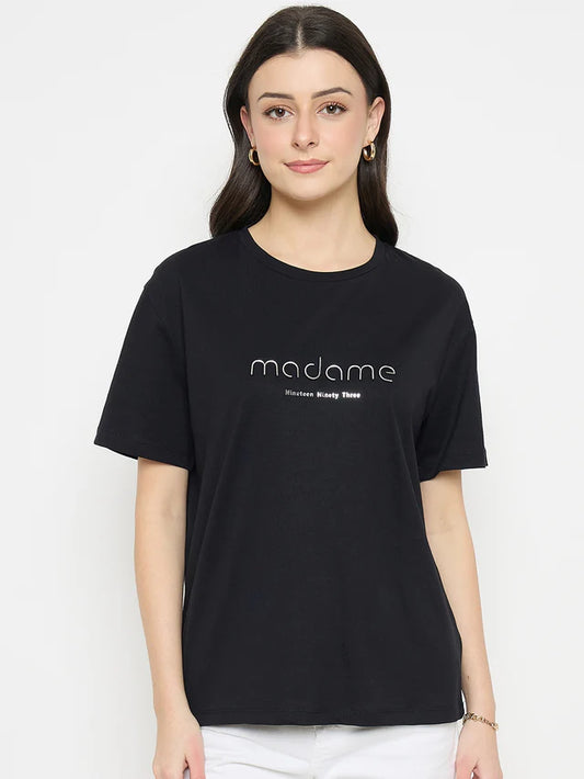 MADAME Black Cotton Printed T-Shirt