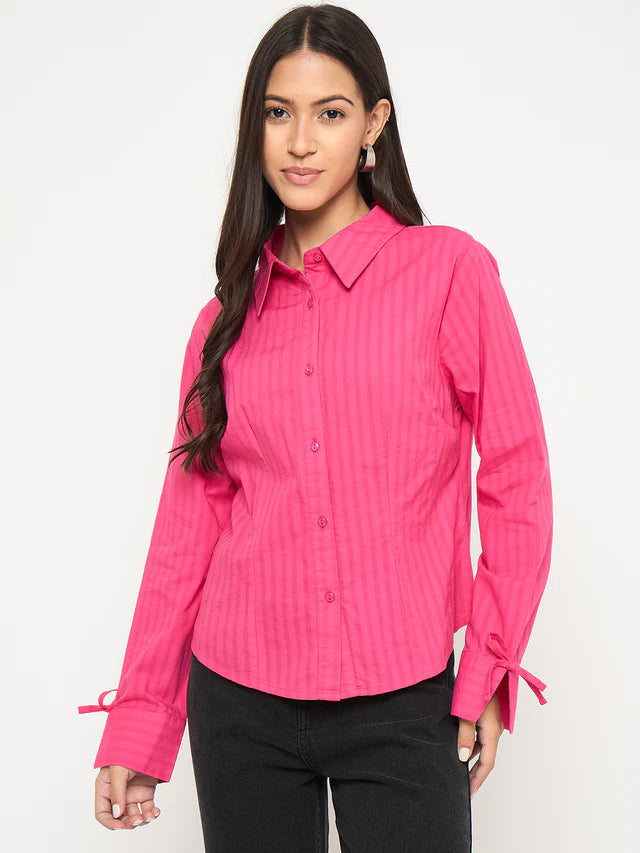 MADAME Tie-Cuff Detail Striped Hot Pink Cotton Shirt