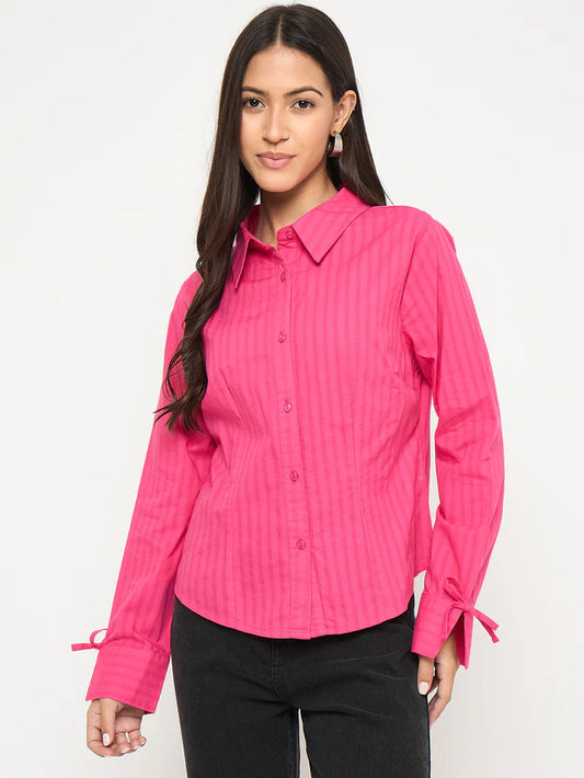 MADAME Tie-Cuff Detail Striped Hot Pink Cotton Shirt