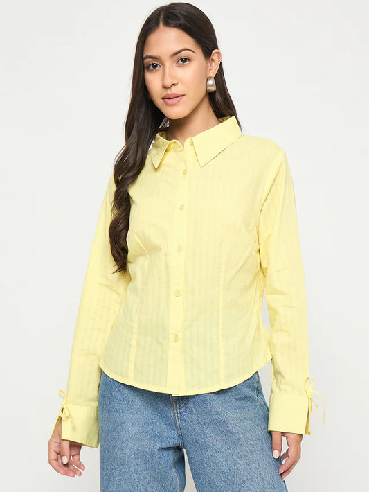 MADAME Tie-Cuff Detail Striped Yellow Cotton Shirt
