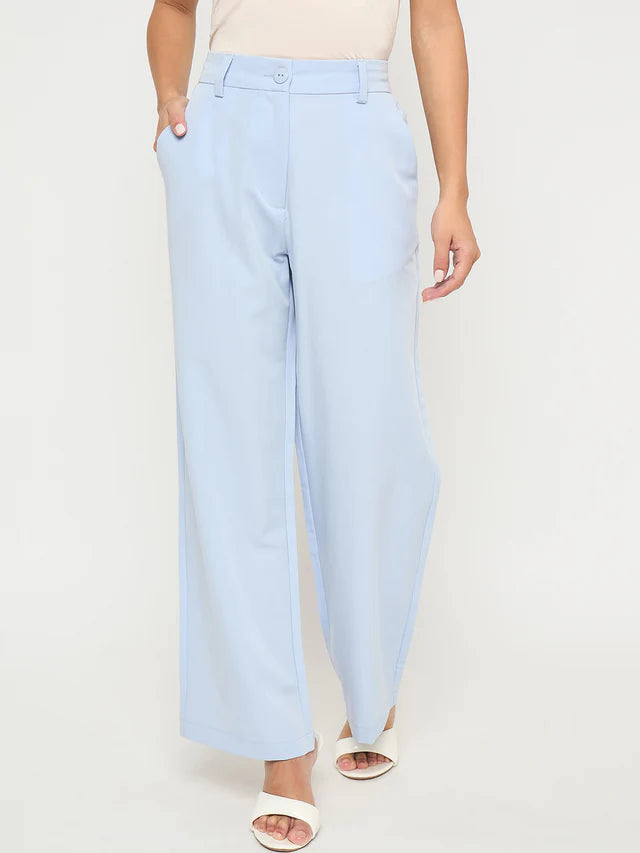 MADAME Solid Sky Blue Straight Fit Trousers