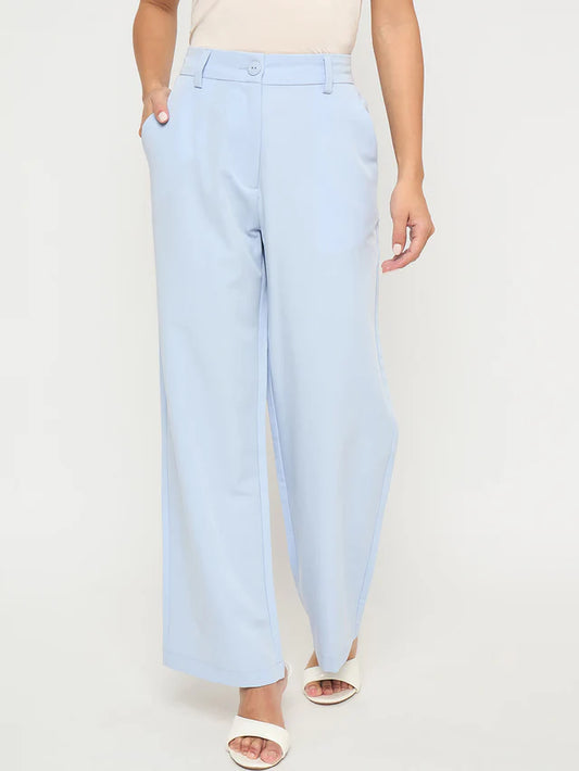 MADAME Solid Sky Blue Straight Fit Trousers