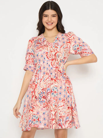 MADAME Paisley Print Elasticated Waist Red Cotton Dress